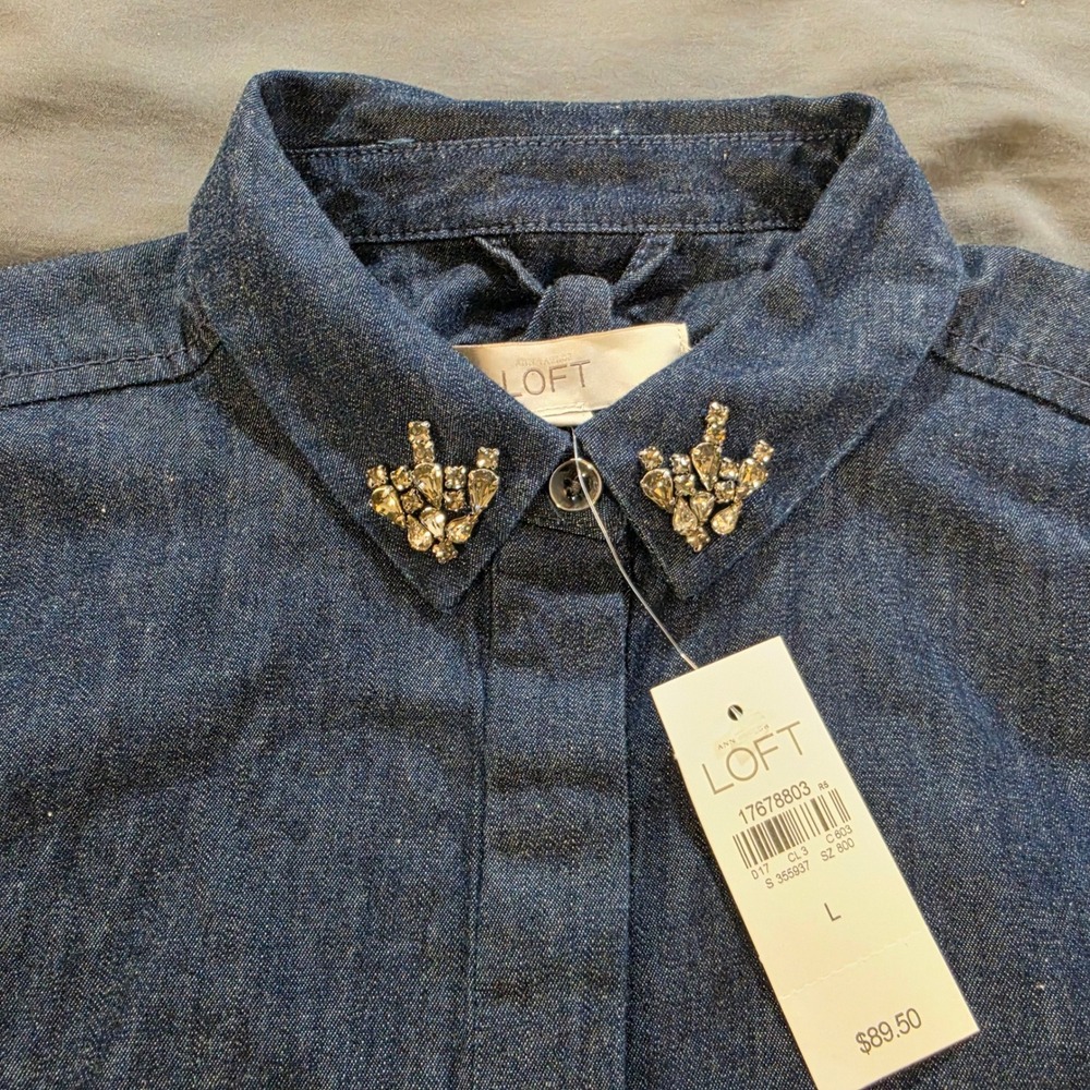 Ann Taylor LOFT Denim Silk Blend Rhinestone Collar Shirt Dress Indigo Blue L NEW